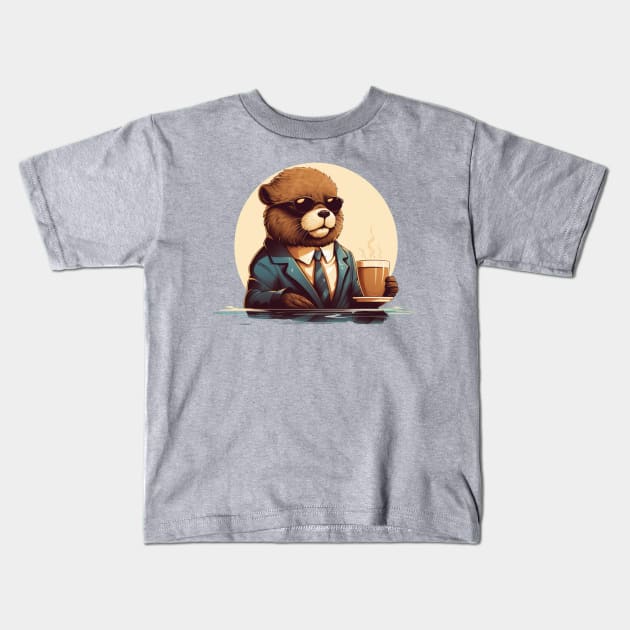 Sea Otter wear sunglasses drinking coffee in an elegant manner Kids T-Shirt by MilkyBerry